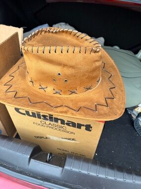 Brown Suede Cowboy Hat with Decorative Stitching